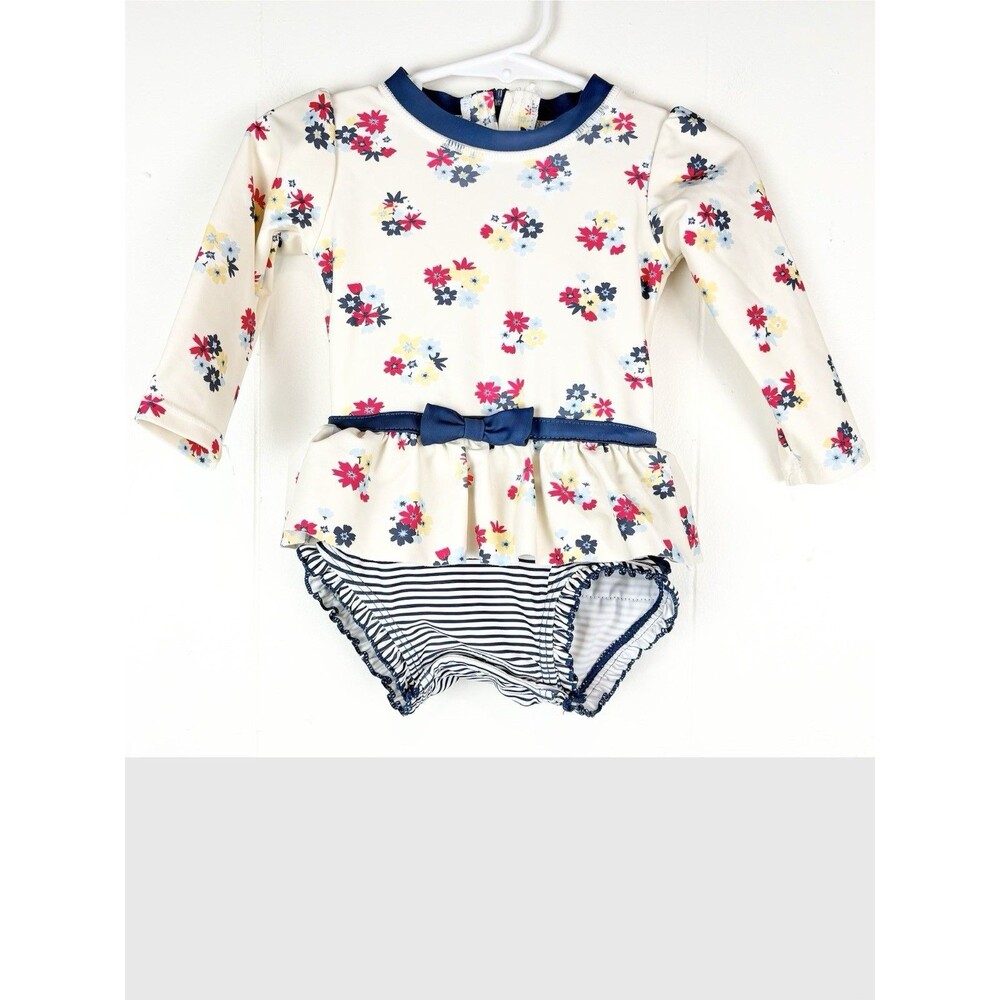 Ruffle Butts 12-18 Months Swimsuit Long Sleeve Floral Blue Cream One Piece